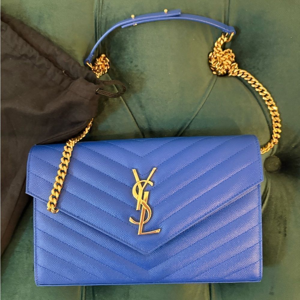 SAINT LAURENT Royal Blue Chevron Quilted Grain De Poudre Envelope Clutch Wallet - Picture 2 of 7